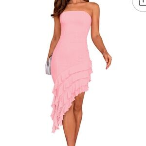Chic Asymmetrical Pink Strapless Dress ruffle